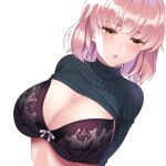  1girl :o arms_behind_back black_bra blue_sweater blush bow bow_bra bra breasts cleavage clothes_lift eyebrows_visible_through_hair floral_print from_above huyumitsu jitome large_breasts leaning_back leaning_to_the_side light_frown long_hair looking_away open_mouth original pink_hair ribbed_sweater simple_background solo sweater sweater_lift tight turtleneck turtleneck_sweater underwear upper_body yellow_eyes 