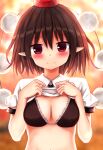  1girl absurdres backlighting bangs black_bra blurry blurry_background blush bra breasts brown_hair clothes_lift collared_shirt commentary_request hat highres looking_at_viewer md5_mismatch medium_breasts navel pointy_ears pom_pom_(clothes) puffy_short_sleeves puffy_sleeves red_eyes resolution_mismatch shameimaru_aya shirt shirt_lift short_hair short_sleeves solo source_smaller suigetsu_(watermoon-910) tokin_hat touhou underwear white_shirt wing_collar 