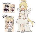  1boy 1girl alternate_costume angel angel_wings bangs barry_nah black_hair black_horns black_wings blonde_hair bow braid chibi danganronpa_(series) danganronpa_2:_goodbye_despair demon_boy dress full_body green_eyes grey_hair hair_bow halloween_costume halo highres horns long_hair multicolored_hair official_alternate_costume open_mouth red_eyes reference_inset scar scar_across_eye smile solo_focus sonia_nevermind tanaka_gandamu twitter_username two-tone_hair white_dress wings 