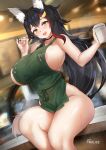  1girl animal_ear_fluff animal_ears apron areola_slip areolae artist_name bangs black_choker black_hair blush breasts choker cup disposable_cup fang flipped_hair green_apron hair_between_eyes hair_ornament hairclip highres hololive huge_breasts iced_latte_with_breast_milk_(meme) indoors lactation lactation_through_clothes long_hair looking_at_viewer meme multicolored_hair naked_apron on_table ookami_mio open_mouth patreon_logo pen pixiv_logo red_hair sidelocks signature sitting solo streaked_hair sweat table tail thighs tnolize very_long_hair virtual_youtuber wolf_ears wolf_girl wolf_tail yellow_eyes 