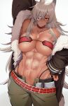  1girl abs absurdres bandeau bb_m0024 belt choker cowboy_shot dark-skinned_female dark_skin eyepatch fur-trimmed_jacket fur_trim ghislaine_dedoldia green_pants grey_background highleg highleg_panties highres jacket muscular muscular_female mushoku_tensei navel one-eyed open_belt open_pants panties pants red_choker scar scar_on_cheek scar_on_face scar_on_stomach solo twitter_username two-tone_background underwear white_background 