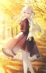  1girl autumn_leaves blue_eyes cowboy_shot dress ginkgo_leaf grey_hair hair_between_eyes holding holding_leaf leaf long_hair long_sleeves looking_at_viewer looking_back original school_uniform smile solo toosaka_asagi white_hair white_wings wings 