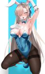  1girl absurdres armpits asuna_(blue_archive) black_legwear blue_archive breasts cleavage drooling highres kneeling leotard musicatopos open_mouth pantyhose playboy_bunny pulque skindentation solo suggestive_fluid torn_clothes torn_legwear 