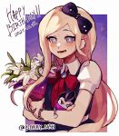  1girl artist_name bangs barry_nah black_bow black_vest blonde_hair blush bouquet bow character_doll danganronpa_(series) danganronpa_2:_goodbye_despair dated flower hair_bow happy_birthday highres holding holding_bouquet long_hair lower_teeth open_mouth outside_border puffy_short_sleeves puffy_sleeves red_bow red_neckwear short_sleeves smile solo sonia_nevermind tanaka_gandamu teeth upper_body vest 