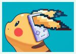  absurdres aqua_background blue_eyes border closed_mouth commentary game_boy_color handheld_game_console highres looking_up no_humans pikachu pixelated pokemon pokemon_(creature) saiku_(zvlku) solo upper_body 