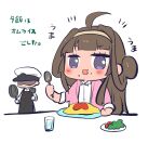  1boy 1girl admiral_(kancolle) ahoge brown_hair chibi commentary_request double_bun eating food food_on_face frying_pan glass hairband highres jacket kantai_collection kongou_(kancolle) long_hair lr_hijikata official_alternate_costume omurice pink_jacket purple_eyes shirt simple_background solo_focus spoon translation_request upper_body white_background white_shirt 