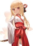  1girl ass_visible_through_thighs black_panties blonde_hair hakama hakama_skirt hand_on_hip harutaruouob highres japanese_clothes long_hair looking_at_viewer md5_mismatch miko open_clothes open_skirt original panties pointy_ears red_eyes red_hakama shirt skirt slit_pupils solo sword thighs underwear weapon white_shirt 
