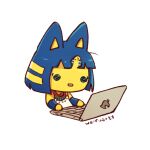  1girl animal_crossing animal_ears ankha_(animal_crossing) ankha_zone bangs bare_shoulders black_eyes blue_hair cat_ears cat_girl colored_skin computer detached_sleeves dress egyptian_clothes furry furry_female hair_ornament laptop no_humans open_mouth short_hair simple_background sitting snake_hair_ornament solo waifuartz white_background white_dress yellow_skin 