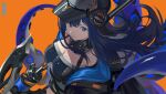  1girl absurdres asagon007 blue_eyes blue_hair breasts cleavage collar commentary_request eyebrows_visible_through_hair from_above headgear highres hood hoodie large_breasts long_hair looking_at_viewer orange_background original solo standing tentacles weapon 