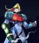  1girl absurdres aneurysm_ax arm_cannon armor bangs blonde_hair blue_eyes glowing gun highres long_hair looking_at_viewer metroid metroid_dread mole mole_under_mouth ponytail power_armor power_suit samus_aran science_fiction sidelocks simple_background solo upper_body visor weapon 