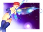  1girl ass bare_shoulders breasts brown_hair fairy fairy_wings gloves leotard looking_at_viewer minigirl pixie_(megami_tensei) pointy_ears red_eyes shin_megami_tensei shin_megami_tensei_iii:_nocturne short_hair simple_background smile solo thighhighs tombsakura wings 