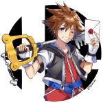  1boy blue_eyes brown_hair fingerless_gloves gloves highres hood jewelry keyblade kingdom_hearts kingdom_hearts_i kingdom_key looking_at_viewer maji_(majibomber) male_focus necklace open_mouth short_hair smash_invitation smile solo sora_(kingdom_hearts) spiked_hair super_smash_bros. 