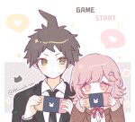  1boy 1girl bangs black_jacket blush brown_eyes brown_hair brown_jacket closed_mouth collared_shirt commentary_request couple danganronpa_(series) danganronpa_3_(anime) dress_shirt flipped_hair formal galaga hair_ornament handheld_game_console hands_up heart hetero hinata_hajime holding holding_handheld_game_console hood hood_down hope&#039;s_peak_academy_school_uniform jacket looking_at_another mao_gao_gao nanami_chiaki necktie nintendo_switch open_clothes open_jacket pink_eyes pink_hair playing_games ribbon school_uniform shirt spaceship_hair_ornament spoken_heart twitter_username white_shirt wing_collar 