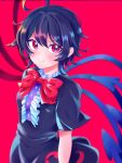  1girl asymmetrical_wings bangs black_dress black_hair black_legwear black_wristband blush bow bowtie breasts center_frills closed_mouth commentary dress frills hair_between_eyes highres houjuu_nue looking_at_viewer oataruu puffy_short_sleeves puffy_sleeves red_background red_bow red_bowtie red_eyes red_nails ribbon short_hair short_sleeves simple_background small_breasts smile solo standing thighhighs touhou upper_body wings wristband 