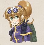  1girl bandage_on_face bandages blush breasts brown_hair eyewear_on_head gloves green_eyes long_hair looking_at_viewer ponytail precis_neumann simple_background smile solo star_ocean star_ocean_the_second_story tonjepy_(keiko_kitagawa) v 