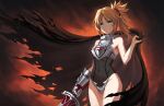  1girl armor bangs bare_shoulders black_legwear black_leotard blonde_hair braid breastplate breasts brown_cape cape clarent_(fate) covered_navel fate/apocrypha fate_(series) faulds french_braid green_eyes grin hair_ornament hair_scrunchie highres leotard long_hair looking_at_viewer mordred_(fate) mordred_(fate/apocrypha) navel parted_bangs ponytail scrunchie sidelocks small_breasts smile sword thighhighs thighs tonee weapon 