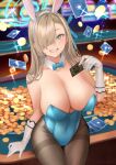  1girl animal_ears asuna_(blue_archive) black_legwear blue_archive blue_eyes blue_leotard bow bowtie breasts casino casino_card_table cleavage collar commentary_request gloves gold gold_coin grey_hair grin hair_over_one_eye hairband large_breasts leotard looking_at_viewer mole mole_on_breast one_eye_covered pantyhose playboy_bunny rabbit_ears smile solo white_gloves yasawa_kichi 