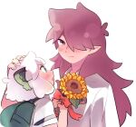  2boys animal_ears aqua_eyes backpack bag blush cat_ears fengxi_(the_legend_of_luoxiaohei) flower hair_over_one_eye hand_on_another&#039;s_head holding holding_flower long_hair luoxiaohei multiple_boys pointy_ears profile purple_eyes purple_hair red_ribbon ribbon ryoto_328 shirt short_hair short_sleeves simple_background smile the_legend_of_luo_xiaohei white_background white_hair white_shirt yellow_flower 