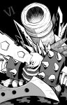  7th_dragon_(series) 7th_dragon_iii black_background blade cannon character_request commentary_request greyscale highres monochrome monster naga_u open_mouth sharp_teeth simple_background solo spikes teeth 
