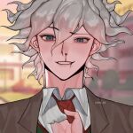  2boys ara_(syao_ra) artist_name bangs blood blood_from_mouth blue_eyes brown_jacket bruise bruise_on_face collared_shirt danganronpa_(series) danganronpa_3_(anime) day grey_hair highres injury jacket komaeda_nagito looking_at_viewer male_focus messy_hair multiple_boys necktie nosebleed outdoors shiny shiny_hair shirt shirt_grab smile solo_focus 