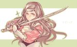  1girl armor bangs brown_hair fire_emblem fire_emblem_fates green_background hana_(fire_emblem) headband highres holding holding_sword holding_weapon long_hair looking_at_viewer solo sword two-tone_background upper_body vento weapon white_background 