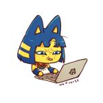  1girl animal_crossing animal_ears ankha_(animal_crossing) ankha_zone artist_name bangs bare_shoulders black_eyes blue_hair cat_ears cat_girl colored_skin commentary computer detached_sleeves disgust dress egyptian_clothes furry furry_female hair_ornament laptop no_humans open_mouth short_hair simple_background sitting snake_hair_ornament solo waifuartz white_background white_dress yellow_skin 