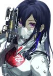  1girl apex_legends arm_up b3_wingman bangs black_hair black_nails bodysuit closed_mouth commentary cosplay covered_mouth english_commentary gun hand_up handgun highres hisui_ill holding holding_gun holding_weapon ichinose_uruha long_hair looking_at_viewer lupinus_virtual_games mask multicolored_hair pistol purple_eyes quarantine_722_wraith simple_background solo streaked_hair upper_body virtual_youtuber vspo! weapon white_background white_bodysuit wraith_(apex_legends) wraith_(apex_legends)_(cosplay) 