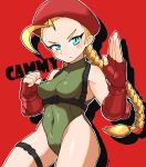  1girl absurdres ahoge blonde_hair blue_eyes braid breasts cammy_white character_name chest_harness covered_navel cowboy_shot fingerless_gloves gloves green_leotard harness highleg highleg_leotard highres huge_ahoge leotard long_hair omura_zojiki pose red_gloves small_breasts solo street_fighter twin_braids 