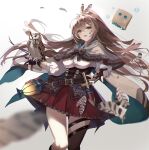  1girl :d bird bird_on_hand black_corset blurry blurry_foreground blush bow breasts brown_bow brown_capelet brown_eyes brown_gloves brown_hair brown_legwear capelet commentary corset dagger eyebrows_visible_through_hair feather_hair_ornament feathers floating_hair friend_(nanashi_mumei) gloves hair_between_eyes hair_ornament head_tilt highres hololive hololive_english knife lantern long_hair long_sleeves looking_at_viewer medium_breasts milluun nanashi_mumei open_hand open_mouth owl partially_fingerless_gloves puffy_long_sleeves puffy_sleeves red_skirt shirt single_thighhigh skirt smile solo symbol-only_commentary thigh_strap thighhighs virtual_youtuber weapon white_shirt 