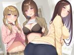  3girls absurdres arm_under_breasts ass bangs black_bra blurry blurry_background bra breasts brown_hair choker cleavage clothes_lift depth_of_field eyebrows_visible_through_hair from_side go-1 highres indoors large_breasts leaning_forward lifted_by_self light_brown_hair light_smile long_hair long_sleeves looking_at_viewer medium_hair multiple_girls navel non-web_source orange_eyes original panties parted_bangs parted_lips ribbed_sweater shirt_lift short_hair siblings sidelocks sisters small_breasts smile sweater twintails underwear white_panties 
