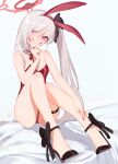  1girl animal_ears beijuu black_footwear blue_archive closed_mouth fake_animal_ears grey_hair hair_ornament halo high_heels highres leotard licking_lips long_hair looking_at_viewer mutsuki_(blue_archive) playboy_bunny purple_eyes rabbit_ears red_leotard side_ponytail simple_background sitting smile solo thigh_strap tongue tongue_out white_background 