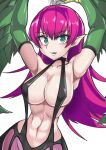 1girl armpits arms_up bangs blush breasts claws commentary_request duel_monster eyebrows_visible_through_hair feathered_wings feathers green_eyes green_feathers green_wings harpie_lady harpy highres large_breasts long_hair monster_girl navel pink_hair pointy_ears simple_background solo sumida_kichi tongue tongue_out white_background winged_arms wings yu-gi-oh! 