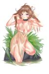  1girl :o absurdres alternate_costume animal_ears arknights armpits arms_up bangs blush breasts brown_hair cleavage collar derivative_work dress eyebrows_visible_through_hair eyjafjalla_(arknights) goat_ears goat_horns grass groin hands_in_hair highres horns infection_monitor_(arknights) katyusha_(2327119280) leg_up long_hair looking_at_viewer medium_breasts no_panties open_mouth revealing_clothes rock simple_background sitting sleeveless sleeveless_dress soaking_feet solo water wet wet_clothes wet_dress white_background yellow_dress 