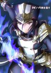  1girl black_hair blue_background blue_fire brown_eyes colorized fire gloves grin hat highres incoming_attack looking_at_viewer military military_uniform morag_ladair_(xenoblade) nayuta-kanata otsukimin00 purple_fire smile sword uniform weapon whip_sword white_gloves xenoblade_chronicles_(series) xenoblade_chronicles_2 