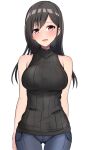 1girl bangs bare_shoulders baretto_(karasi07) black_hair black_shirt blue_legwear blush breasts commentary_request covered_nipples eyebrows_visible_through_hair highres large_breasts long_hair looking_at_viewer open_mouth original pants pink_eyes shirt simple_background sleeveless solo sweater turtleneck turtleneck_sweater white_background 