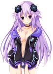  1girl adult_neptune bare_shoulders black_choker black_jacket blush breast_squeeze breasts choker cleavage commentary_request cowboy_shot d-pad d-pad_hair_ornament hair_between_eyes hair_ornament hands_on_own_thighs hood hooded_jacket iwashi_dorobou_-r- jacket long_hair looking_at_viewer medium_breasts midriff navel neptune_(series) no_bra no_pants off_shoulder partially_unzipped purple_eyes purple_hair smile solo unzipped usb very_long_hair 