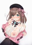  1girl absurdres beret bow breasts brown_hair commentary green_eyes hair_bow hair_ornament hairclip hat highres jacket large_breasts nail_polish nijisanji nipples oji_fuguri pink_jacket see-through shirt short_hair skirt solo suzuhara_lulu virtual_youtuber wet wet_clothes wet_shirt 