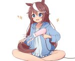  1girl animal_ears bangs bare_legs blue_eyes blue_hoodie blue_shorts blush brown_hair commentary crossed_legs drying drying_hair feet_out_of_frame hair_between_eyes hair_down highres holding_hair_dryer hood hood_down hoodie horse_ears horse_girl horse_tail long_hair long_sleeves looking_down multicolored_hair on_ground open_mouth shirt shorts sidelocks simple_background smile solo sparkle streaked_hair tail tokai_teio_(umamusume) tsukimi_(rivia) umamusume white_background white_hair white_shirt wide_sleeves 