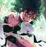  1girl black_dress bleeding blood blood_on_arm blood_on_face blood_on_hands blood_stain breasts clenched_teeth curly_hair debris dress fighting flipped_hair floating floating_rock green_eyes green_hair highres injury levitation maazyu one-punch_man side_slit small_breasts solo sweat tatsumaki teeth telekinesis thighs torn torn_clothes torn_dress veins 