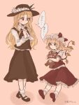  2girls :o ascot blonde_hair blush bow brown_eyes brown_footwear brown_headwear brown_vest closed_mouth collared_shirt commentary_request cross crystal eyebrows_visible_through_hair flandre_scarlet frilled_hat frilled_shirt frilled_shirt_collar frilled_skirt frilled_sleeves frills full_body hat hat_feather holding holding_cross jacket_girl_(dipp) laspberry. long_hair long_skirt long_sleeves mary_janes medium_hair mob_cap multiple_girls one_side_up puffy_short_sleeves puffy_sleeves red_bow red_eyes red_footwear red_skirt red_vest ribbon shirt shoes short_sleeves side_ponytail simple_background skirt socks stuffed_animal stuffed_toy sweat teddy_bear thought_bubble touhou translated vest wavy_hair white_shirt wings yellow_ascot 