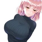  1girl arms_behind_back blue_sweater blush bra breasts cleavage closed_mouth eyebrows_visible_through_hair from_above huyumitsu jitome large_breasts leaning_back leaning_to_the_side light_frown long_hair looking_away original pink_hair ribbed_sweater simple_background solo sweater taut_clothes taut_sweater tight turtleneck turtleneck_sweater underwear upper_body yellow_eyes 
