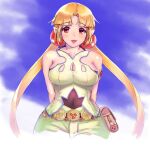  1girl alfina_(grandia) bare_shoulders blonde_hair breasts cleavage collarbone covered_navel grandia grandia_iii hagureyouma hair_ornament highres long_hair open_mouth pointy_ears red_eyes smile solo twintails 