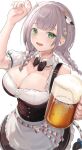  1girl absurdres alcohol beer beer_mug braid breasts cleavage cup flower german_clothes green_eyes gurina hair_flower hair_ornament highres hololive large_breasts medium_hair mug open_mouth shirogane_noel silver_hair simple_background smile solo sweat teeth twin_braids upper_teeth virtual_youtuber white_background 