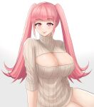  1girl :p absurdres alternate_costume bangs blunt_bangs breasts cleavage cleavage_cutout closed_mouth clothing_cutout commentary desspie english_commentary eyebrows_visible_through_hair fire_emblem fire_emblem:_three_houses highres hilda_valentine_goneril large_breasts long_hair looking_at_viewer meme_attire naked_sweater open-chest_sweater pink_eyes pink_hair ribbed_sweater sidelocks simple_background smile solo sweater tongue tongue_out turtleneck turtleneck_sweater twintails very_long_hair white_background white_sweater 