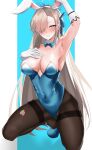  1girl absurdres armpits asuna_(blue_archive) black_legwear blue_archive breasts cleavage highres kneeling leotard mole mole_on_breast musicatopos pantyhose playboy_bunny seductive_smile skindentation smile solo torn_clothes torn_legwear 