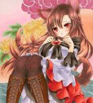  1girl animal_ears black_legwear blush boots breasts brooch brown_footwear brown_hair cross-laced_footwear dress eyebrows_visible_through_hair floral_background flower high_heel_boots high_heels imaizumi_kagerou jewelry lace-up_boots large_breasts long_hair looking_at_viewer marker_(medium) off-shoulder_dress off_shoulder open_mouth red_eyes solo tail touhou traditional_media wassmint wide_sleeves wolf_ears wolf_tail 