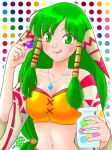  1girl :q breasts collarbone eyebrows_visible_through_hair feena_(grandia) grandia grandia_i green_eyes green_hair hair_ornament hair_tubes highres jewelry long_hair midriff navel necklace negitro! smile solo tongue tongue_out 