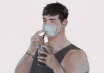  1boy bara black_hair black_tank_top bracelet brown_eyes cup disposable_cup drink drinking drinking_straw holding holding_cup jewelry male_focus mask mask_lift mouth_mask muscular muscular_male original puppy_1ove short_hair solo tank_top upper_body white_background 