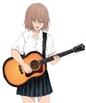  1girl absurdres acoustic_guitar brown_eyes brown_hair guitar hair_over_eyes highres instrument medium_hair music open_mouth original playing_instrument school_uniform solo tuskryo white_background 