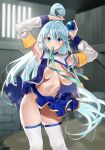  1girl absurdres aqua_(konosuba) armpits arms_up bangs blue_eyes blue_hair blue_shirt blue_skirt blurry blurry_background breasts convenient_censoring detached_sleeves groin hair_between_eyes hair_ornament hair_rings highres holding holding_hair holding_hair_ornament indoors jikatarou kono_subarashii_sekai_ni_shukufuku_wo! leaning_to_the_side long_hair looking_at_viewer medium_breasts miniskirt mouth_hold navel no_bra open_clothes open_shirt ribbon shirt skirt sleeveless sleeveless_shirt standing steaming_body sweat thighhighs thighs very_long_hair white_legwear wind wind_lift 